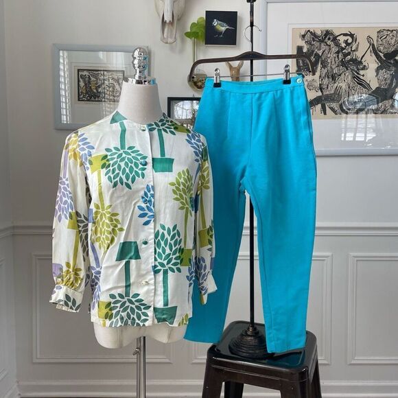 Vintage 60s Ilene Ricky Mod Print Outfit Blouse Cigarette Pants XXS - Picture 1 of 9